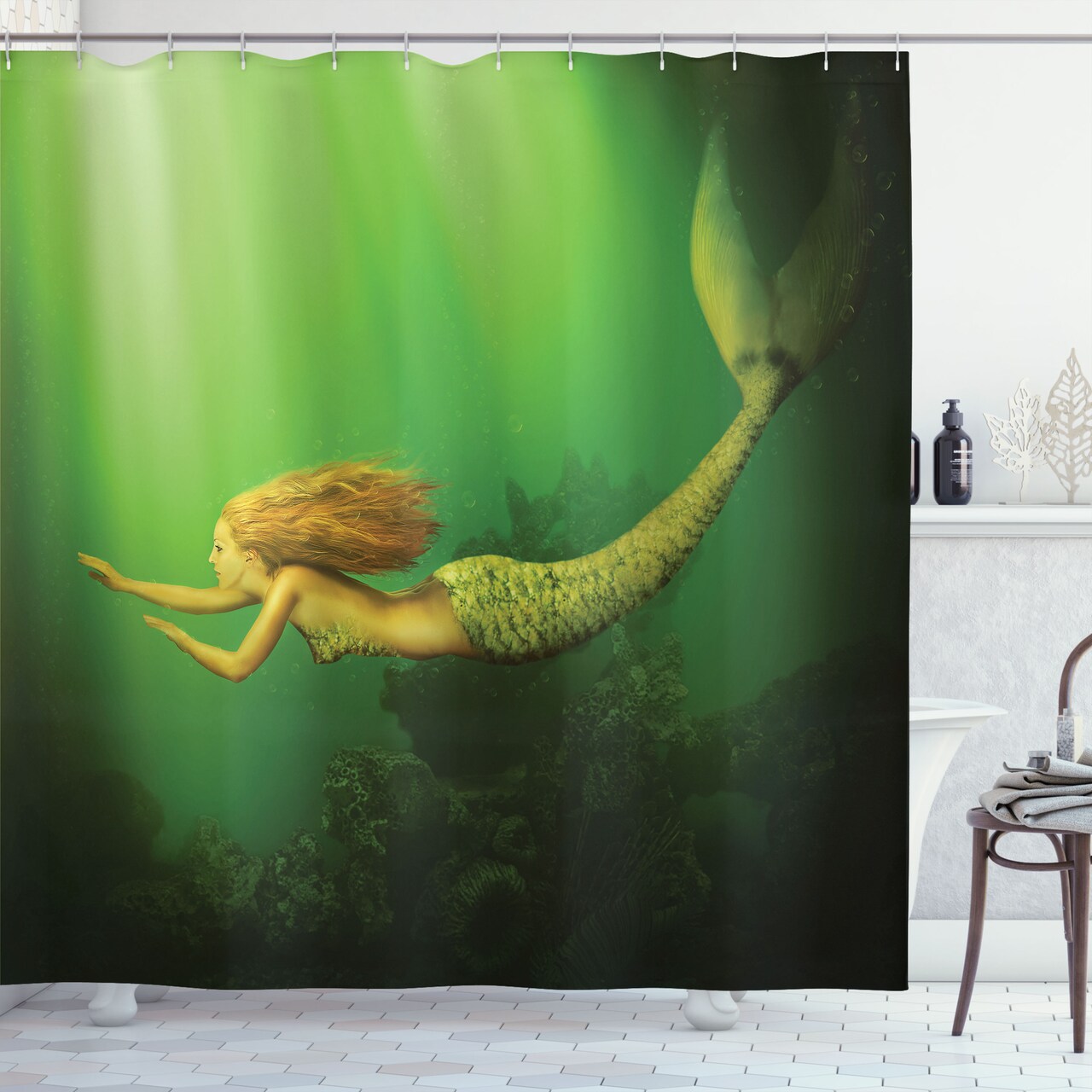 Ambesonne Mermaid Shower Curtain, Girl Fish Tail Swimming in The Deep Sea Fantasy World Art Print, Cloth Fabric Bathroom Decor Set with Hooks, 69" W x 84" L, Dark Green Ginger Green